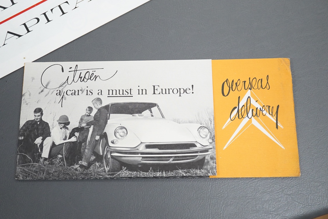 Six 1950s and 1960s motor car manufacturer’s brochures; the Alvis Three Litre TD21 (produced 1962-63), the Ford Anglia and Prefect (produced 1953-59), the Morgan (1960-61), the Opel Rekord P2 (produced 1960-63), the Opel